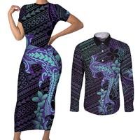 Purple Paradise Hawaii Couples Matching Short Sleeve Bodycon Dress and Long Sleeve Button Shirt Hammerhead Shark Tattoo Curve Polynesian - Polynesian Pride
