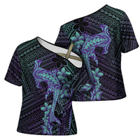 Purple Paradise Hawaii Cross Shoulder Shirt Hammerhead Shark Tattoo Curve Polynesian LT14 - Polynesian Pride