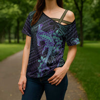 Purple Paradise Hawaii Cross Shoulder Shirt Hammerhead Shark Tattoo Curve Polynesian LT14 - Polynesian Pride
