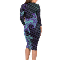 Purple Paradise Hawaii Family Matching Long Sleeve Bodycon Dress and Hawaiian Shirt Hammerhead Shark Tattoo Curve Polynesian - Polynesian Pride