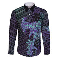 Purple Paradise Hawaii Family Matching Puletasi and Hawaiian Shirt Hammerhead Shark Tattoo Curve Polynesian LT14 Dad's Shirt - Long Sleeve Purple - Polynesian Pride