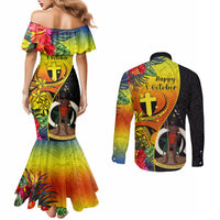 Vanuatu Tafea Day Couples Matching Mermaid Dress and Long Sleeve Button Shirts Coat Of Arms Mix Tropical Flowers LT14 - Polynesian Pride