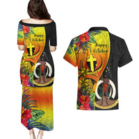 vanuatu-tafea-day-couples-matching-puletasi-dress-and-hawaiian-shirt-coat-of-arms-mix-tropical-flowers