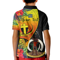 Personalised Vanuatu Tafea Day Kid Polo Shirt Coat Of Arms Mix Tropical Flowers LT14 - Polynesian Pride
