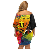 Personalised Vanuatu Tafea Day Off Shoulder Short Dress Coat Of Arms Mix Tropical Flowers LT14 - Polynesian Pride