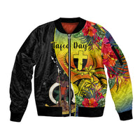 Personalised Vanuatu Tafea Day Sleeve Zip Bomber Jacket Coat Of Arms Mix Tropical Flowers LT14 Unisex Black - Polynesian Pride