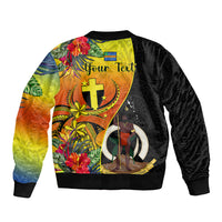 Personalised Vanuatu Tafea Day Sleeve Zip Bomber Jacket Coat Of Arms Mix Tropical Flowers LT14 - Polynesian Pride