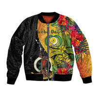Vanuatu Torba Day Bomber Jacket Coat Of Arms Mix Tropical Flowers LT14 Unisex Black - Polynesian Pride