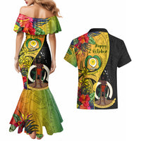 vanuatu-torba-day-couples-matching-mermaid-dress-and-hawaiian-shirt-coat-of-arms-mix-tropical-flowers
