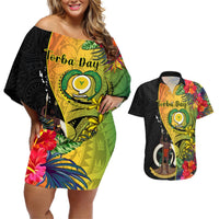 Vanuatu Torba Day Couples Matching Off Shoulder Short Dress and Hawaiian Shirt Coat Of Arms Mix Tropical Flowers LT14 Black - Polynesian Pride