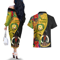 vanuatu-torba-day-couples-matching-off-the-shoulder-long-sleeve-dress-and-hawaiian-shirt-coat-of-arms-mix-tropical-flowers