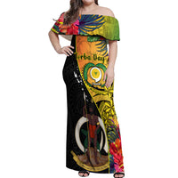 Vanuatu Torba Day Off Shoulder Maxi Dress Coat Of Arms Mix Tropical Flowers LT14 Women Black - Polynesian Pride