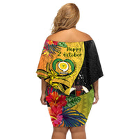 Vanuatu Torba Day Off Shoulder Short Dress Coat Of Arms Mix Tropical Flowers LT14 - Polynesian Pride