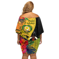Vanuatu Torba Day Off Shoulder Short Dress Coat Of Arms Mix Tropical Flowers LT14 - Polynesian Pride