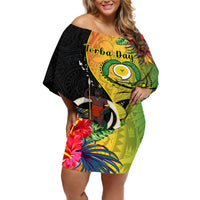 Personalised Vanuatu Torba Day Off Shoulder Short Dress Coat Of Arms Mix Tropical Flowers LT14 Women Black - Polynesian Pride