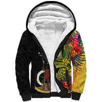 Personalised Vanuatu Torba Day Sherpa Hoodie Coat Of Arms Mix Tropical Flowers LT14 Unisex Black - Polynesian Pride