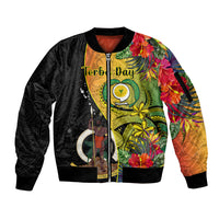 Personalised Vanuatu Torba Day Sleeve Zip Bomber Jacket Coat Of Arms Mix Tropical Flowers LT14 Unisex Black - Polynesian Pride