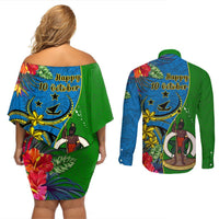 Vanuatu Malampa Day Couples Matching Off Shoulder Short Dress and Long Sleeve Button Shirts Coat Of Arms Mix Tropical Flowers LT14 - Polynesian Pride