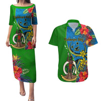 Vanuatu Malampa Day Couples Matching Puletasi Dress and Hawaiian Shirt Coat Of Arms Mix Tropical Flowers LT14 Green - Polynesian Pride