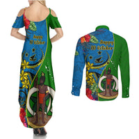 Vanuatu Malampa Day Couples Matching Summer Maxi Dress and Long Sleeve Button Shirts Coat Of Arms Mix Tropical Flowers LT14 - Polynesian Pride