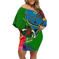 Vanuatu Malampa Day Off Shoulder Short Dress Coat Of Arms Mix Tropical Flowers LT14 Women Green - Polynesian Pride