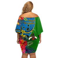 Vanuatu Malampa Day Off Shoulder Short Dress Coat Of Arms Mix Tropical Flowers LT14 - Polynesian Pride