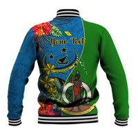 Personalised Vanuatu Malampa Day Baseball Jacket Coat Of Arms Mix Tropical Flowers LT14 - Polynesian Pride