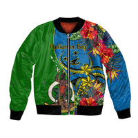 Personalised Vanuatu Malampa Day Bomber Jacket Coat Of Arms Mix Tropical Flowers LT14 Unisex Green - Polynesian Pride