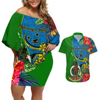 Personalised Vanuatu Malampa Day Couples Matching Off Shoulder Short Dress and Hawaiian Shirt Coat Of Arms Mix Tropical Flowers LT14 Green - Polynesian Pride