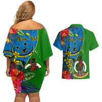 Personalised Vanuatu Malampa Day Couples Matching Off Shoulder Short Dress and Hawaiian Shirt Coat Of Arms Mix Tropical Flowers LT14 - Polynesian Pride