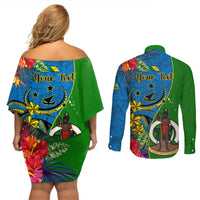 Personalised Vanuatu Malampa Day Couples Matching Off Shoulder Short Dress and Long Sleeve Button Shirts Coat Of Arms Mix Tropical Flowers LT14 - Polynesian Pride