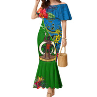 Personalised Vanuatu Malampa Day Mermaid Dress Coat Of Arms Mix Tropical Flowers LT14 Women Green - Polynesian Pride