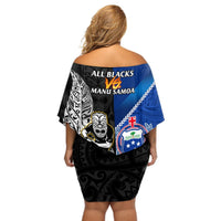 New Zealand And Samoa Rugby Off Shoulder Short Dress All Black Tiki Fern Mix Manu Samoa 2023 World Cup LT14 - Polynesian Pride