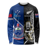 Custom New Zealand And Samoa Rugby Long Sleeve Shirt All Black Tiki Fern Mix Manu Samoa 2023 World Cup LT14 Unisex Black - Polynesian Pride