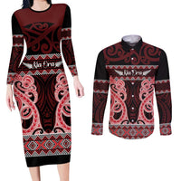 Kia Ora New Zealand Couples Matching Long Sleeve Bodycon Dress and Long Sleeve Button Shirt Maori Language Week Whero Taniko Motif - Polynesian Pride