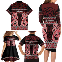 Kia Ora New Zealand Family Matching Long Sleeve Bodycon Dress and Hawaiian Shirt Maori Language Week Whero Taniko Motif - Polynesian Pride