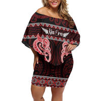 Kia Ora New Zealand Family Matching Off Shoulder Short Dress and Hawaiian Shirt Maori Language Week Whero Taniko Motif - Polynesian Pride