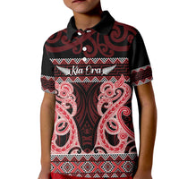 Kia Ora New Zealand Kid Polo Shirt Maori Language Week Whero Taniko Motif - Polynesian Pride