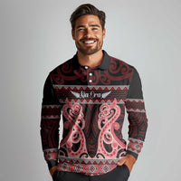 Kia Ora New Zealand Long Sleeve Polo Shirt Maori Language Week Whero Taniko Motif - Polynesian Pride