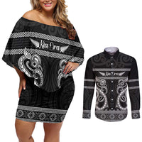 Kia Ora New Zealand Couples Matching Off Shoulder Short Dress and Long Sleeve Button Shirt Maori Language Week Pango Taniko Motif - Polynesian Pride