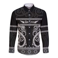 Kia Ora New Zealand Long Sleeve Button Shirt Maori Language Week Pango Taniko Motif - Polynesian Pride