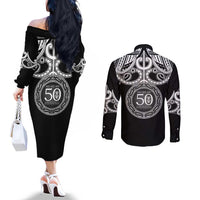 Kia Kaha Te Reo Maori New Zealand Couples Matching Off The Shoulder Long Sleeve Dress and Long Sleeve Button Shirt 50th Anniversary Ake Ake Ake - Polynesian Pride