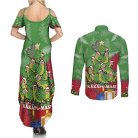 Kakapo New Zealand Christmas Couples Matching Summer Maxi Dress and Long Sleeve Button Shirt Meri Kirihimete Pohutukawa - Green Color