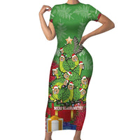 Kakapo New Zealand Christmas Short Sleeve Bodycon Dress Meri Kirihimete Pohutukawa - Green Color