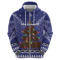 Kiwi New Zealand Christmas Zip Hoodie Meri Kirihimete Silver Fern - Blue Color