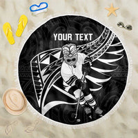 Custom Aotearoa Ice Hockey Beach Blanket NZ Tiki Mascot - Maori Pattern LT14 One Size 150cm Black - Polynesian Pride