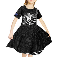 Custom Aotearoa Ice Hockey Kid Short Sleeve Dress NZ Tiki Mascot - Maori Pattern