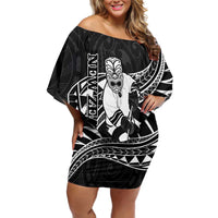 Custom Aotearoa Ice Hockey Off Shoulder Short Dress NZ Tiki Mascot - Maori Pattern LT14 Women Black - Polynesian Pride
