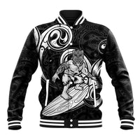 Personalised New Zealand Surfing Baseball Jacket Aotearoa Maori Tiki Haka LT14 Unisex Black - Polynesian Pride