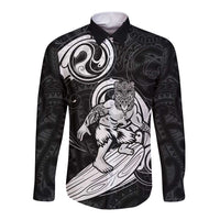 Personalised New Zealand Surfing Long Sleeve Button Shirt Aotearoa Maori Tiki Haka LT14 Unisex Black - Polynesian Pride